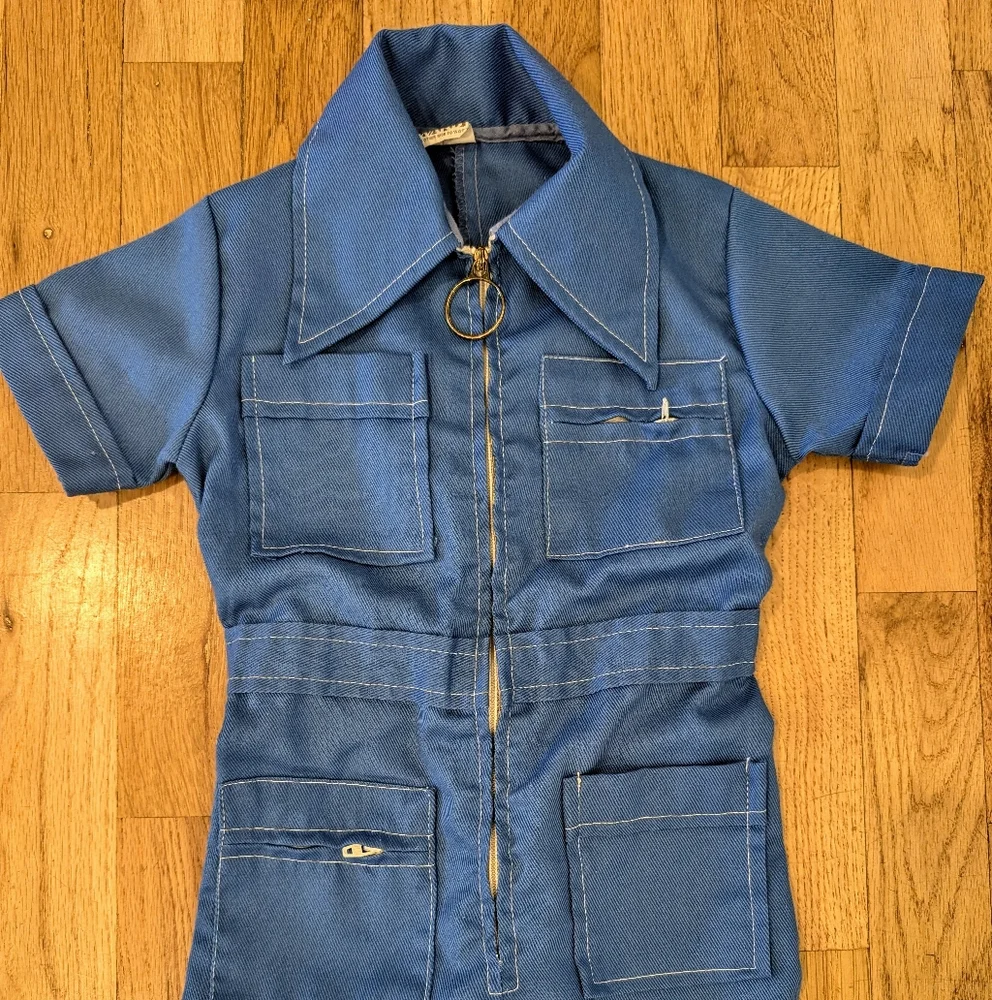 Vintage Jumpsuit Toddler 3T Blue Romper Retro Disco Montgomery Ward Made USA 70s